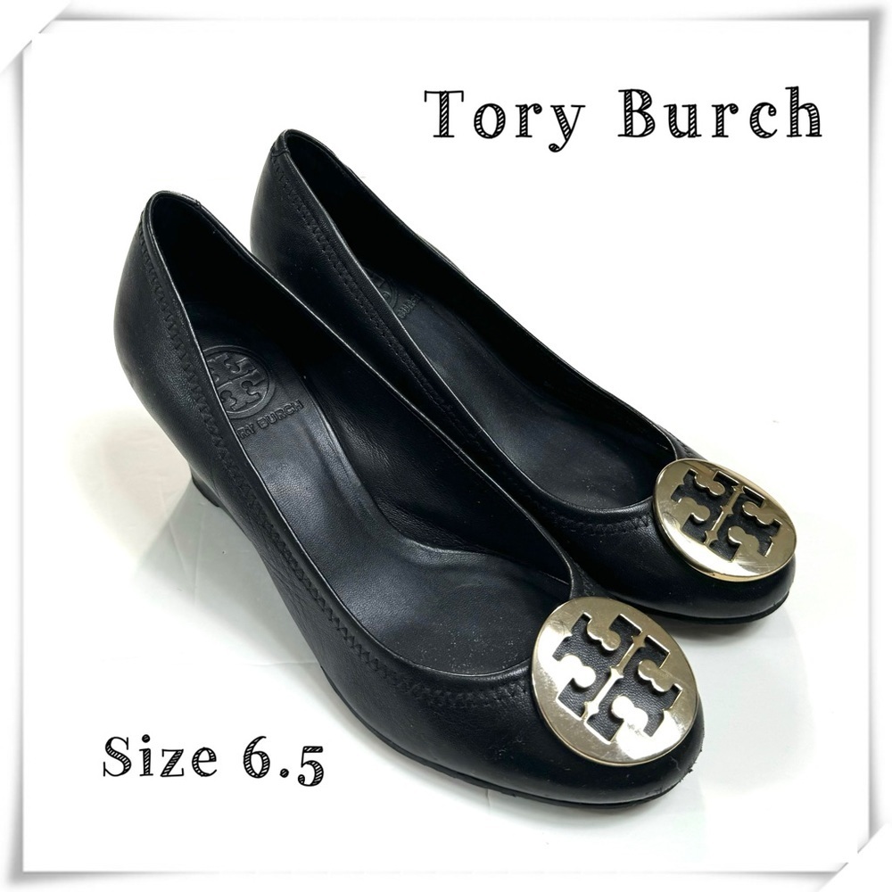 Tory Burch Sophie Gold Logo Details Wedge Heel in Black Size 6.5